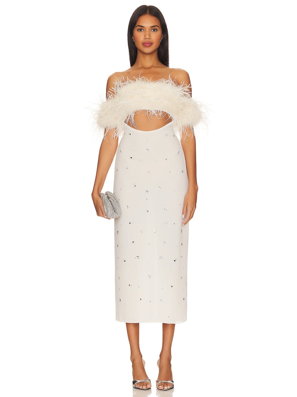 NBD Ciela Ivory Feather Trim Cut Out Crystal Embellished Midi Dress Size Small